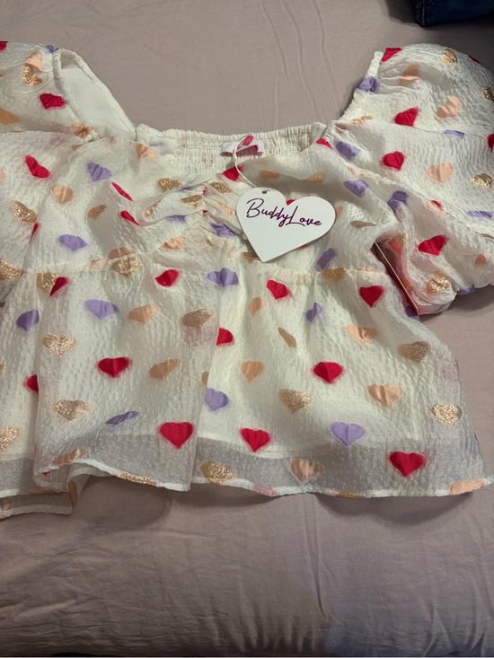 Buddy Love Tops - Buddy Love White Heart Print Puff Sleeve Blouse